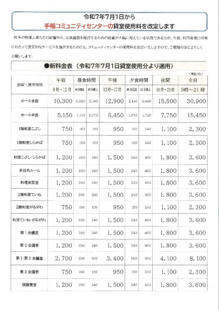 貸室使用料の改定(令和7年7月1日)について