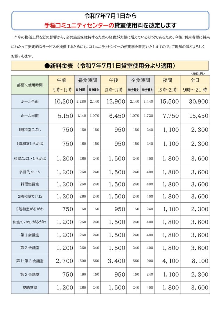 貸室使用料の改定(令和7年7月1日)について